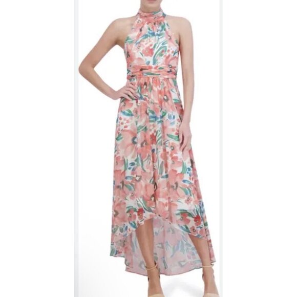 Eliza J Pink Floral Halter High Low Maxi Dress Size 14 Spring Wedding Colorful - Picture 1 of 13